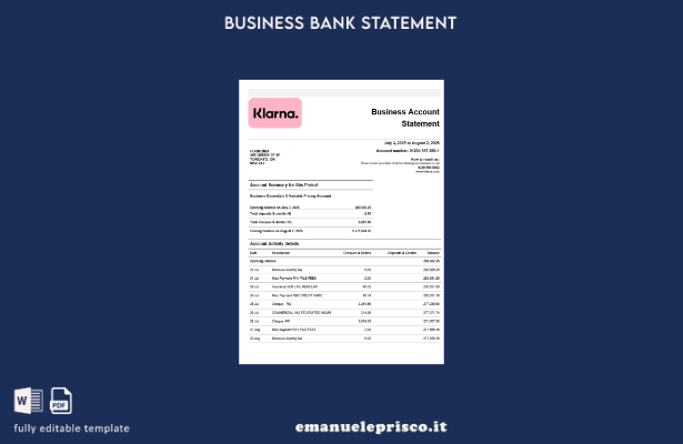 stile verificato Modello di estratto conto aziendale Klarna Bank in Word e PDF